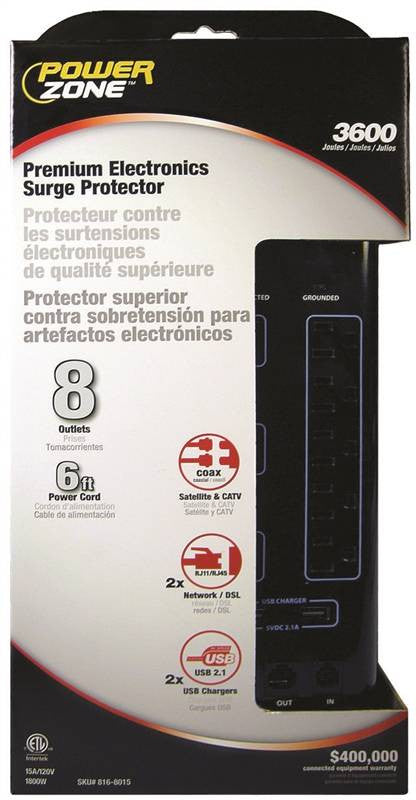 Strip Surge 8out 3600j 6ft Blk