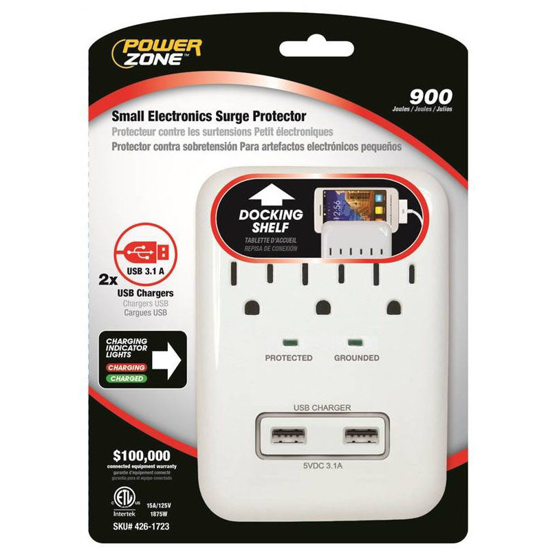 Surge Prot 3 Outlt Wht W-2 Usb